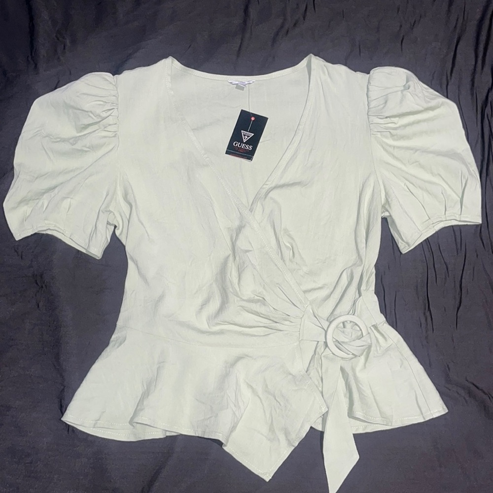 New Guess Puffy Short Sleeve Mint Green Wrap Top Blouse S